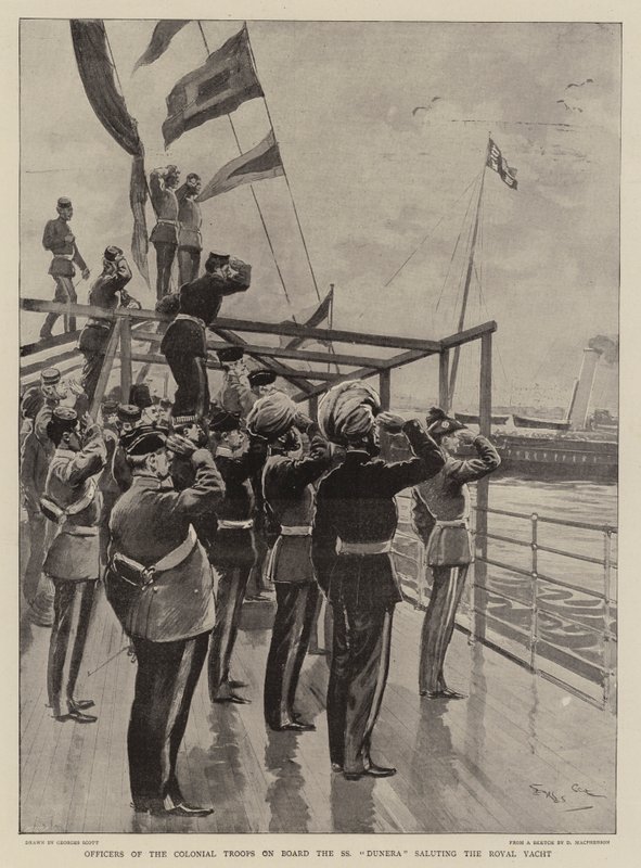 Oficerowie Oddziałów Kolonialnych na pokładzie SS Dunera pozdrawiają Królewski Jacht autorstwa Georges Bertin Scott