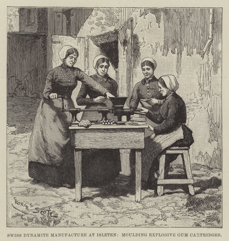 Szwajcarska manufaktura dynamitu w Isleten, formowanie wybuchowych wkładów gumowych autorstwa Georges Bertin Scott