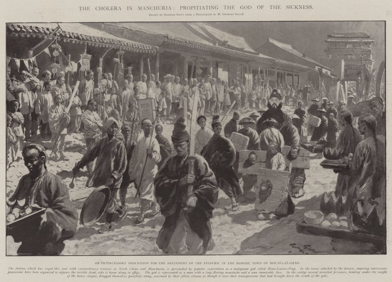 Cholera w Mandżurii, przebłaganie Boga Choroby autorstwa Georges Bertin Scott