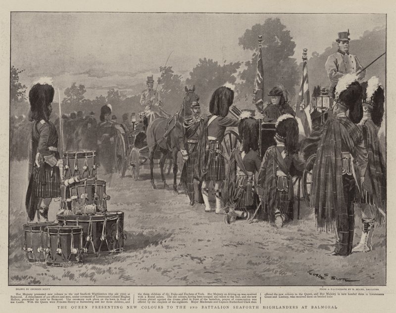 Królowa prezentująca nowe kolory 2. Batalionowi Seaforth Highlanders w Balmoral autorstwa Georges Bertin Scott
