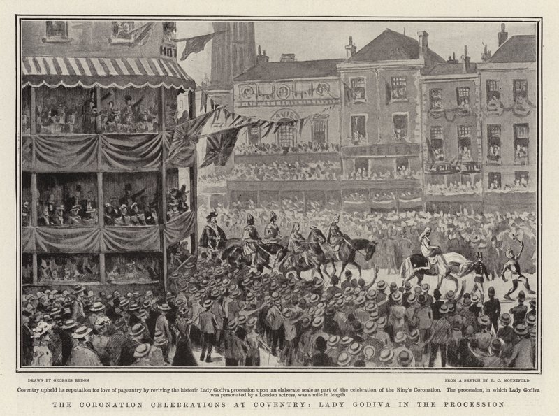 Uroczystości koronacyjne w Coventry, Lady Godiva w procesji litho autorstwa Georges Redon