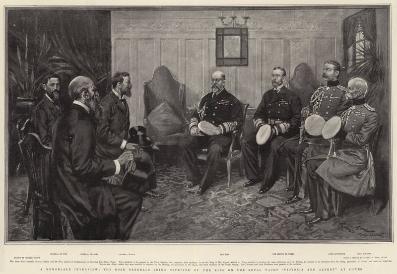 Pamiętny wywiad, generałowie burscy przyjęci przez króla na królewskim jachcie Victoria and Albert w Cowes. autorstwa Georges Bertin Scott