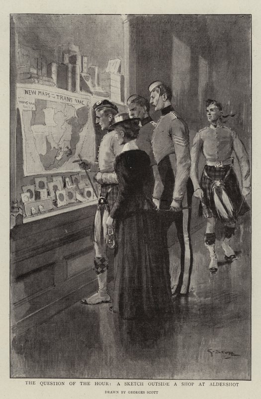 The Question of the Hour, a Sketch outside a Shop at Aldershot autorstwa Georges Bertin Scott