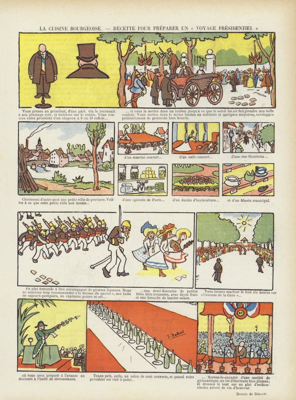 Kuchnia burżuazyjna. Przepis na podróż prezydencką. Ilustracja do Le Rire autorstwa Georges Delaw