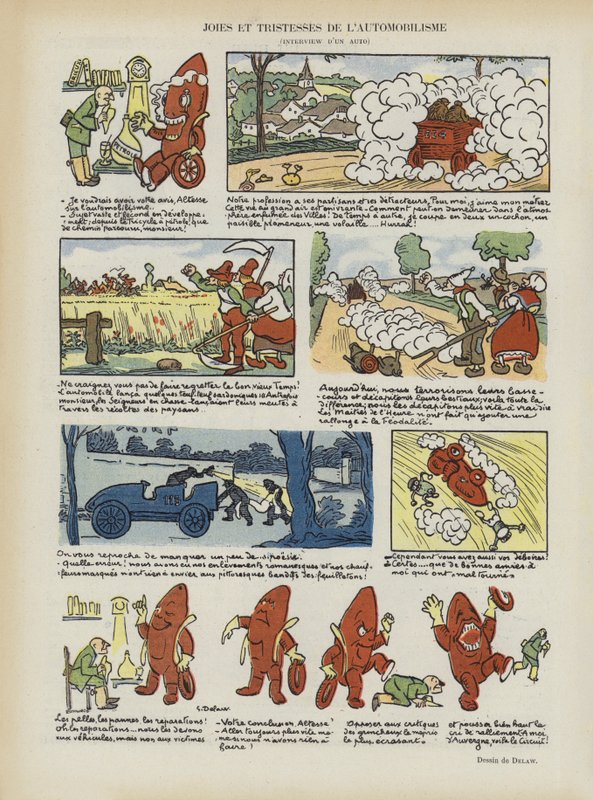 Radości i smutki związane z motoryzacją. Ilustracja do Le Rire autorstwa Georges Delaw