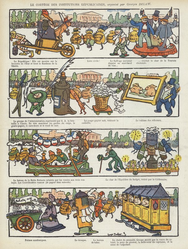 Procesja instytucji republikańskich. Ilustracja do Le Rire autorstwa Georges Delaw