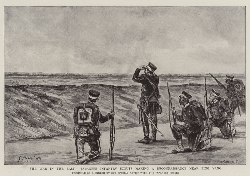 Wojna na Wschodzie, japońscy harcerze piechoty przeprowadzają rekonesans w pobliżu Ping Yang autorstwa Georges Ferdinand Bigot