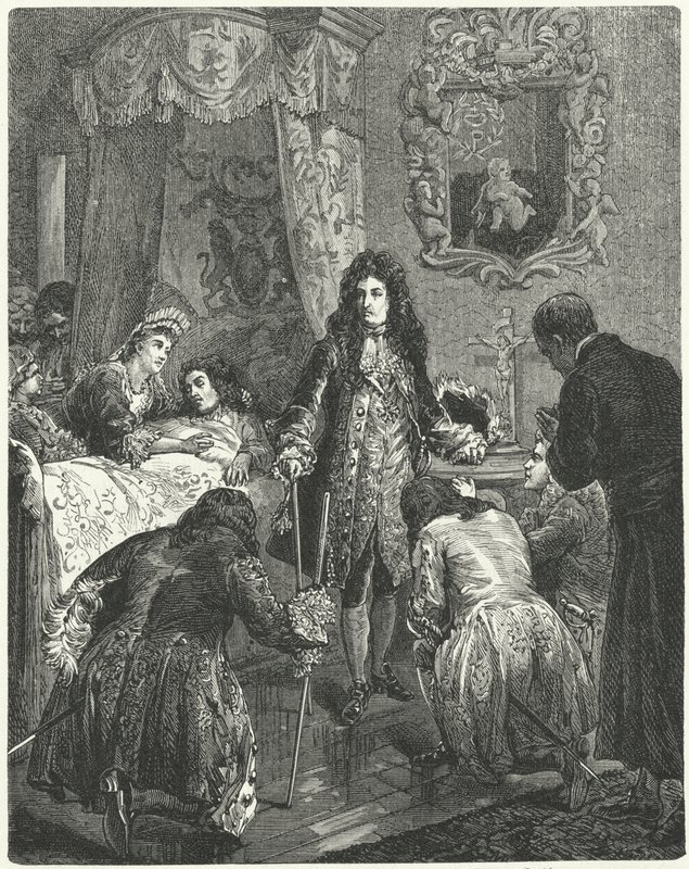 Ludwik XIV z Francji odwiedzający Jakuba II z Anglii na łożu śmierci, 1701 autorstwa German School