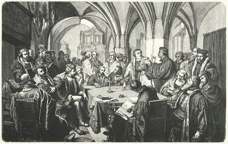 Debata religijna między Marcinem Lutrem a Huldrychem Zwinglim na kolokwium w Marburgu, 1529 autorstwa German School