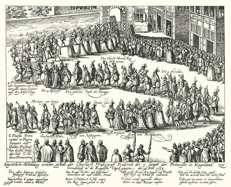 Procesja ślubna Fryderyka V, elektora palatyna i Elżbiety Stuart, córki króla Anglii Jakuba I, Londyn, 1613 autorstwa German School