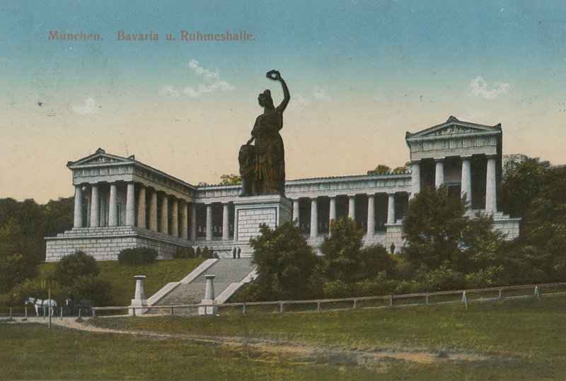 Posąg Bawarii i Ruhmeshalle, Monachium. Pocztówka wysłana w 1913 roku. autorstwa German Photographer