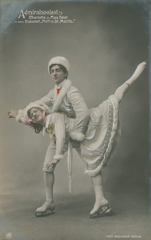 Pocztówka z łyżwiarzami, wysłana w 1913 r. (zdjęcie ręcznie kolorowane) autorstwa German Photographer