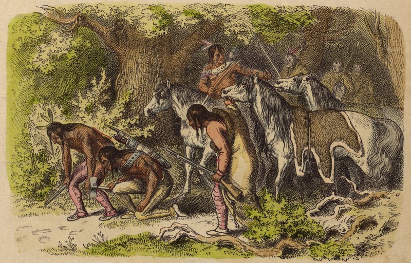 Native American oddział wojenny śledzący swoich wrogów (kolorowy grawerunek) autorstwa German School