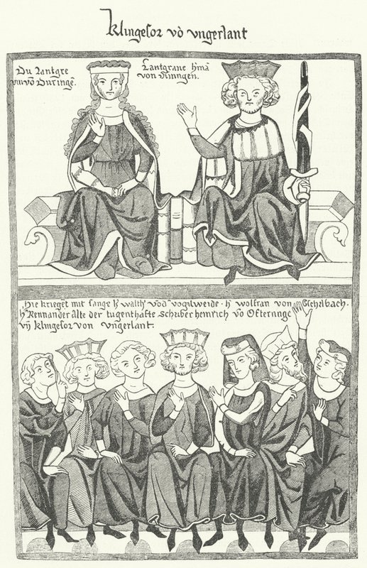 Przedstawienie Sangerkrieg, pojedynku minstreli na zamku Wartburg w Turyngii w 1207 roku, z Codex Manesse (rycina) autorstwa German School