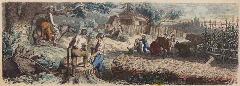 Nowa osada na amerykańskim Zachodzie (kolorowy grawerunek) autorstwa German School