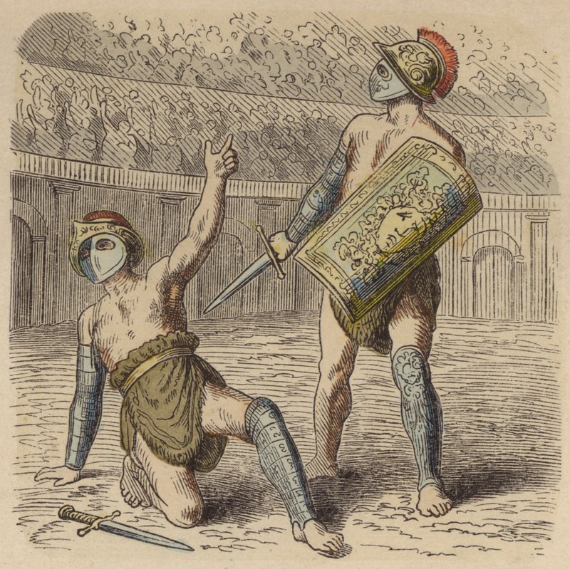 Ranny gladiator rzymski błagający tłum o życie (kolorowy grawerunek) autorstwa German School