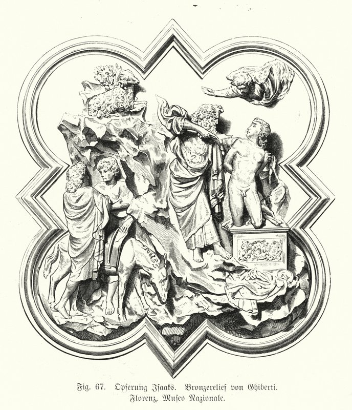 Abraham ofiarowujący swojego syna Izaaka na ofiarę, płaskorzeźba z brązu autorstwa Lorenzo Ghiberti (rycina) autorstwa German School