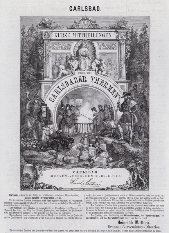 Reklama wody mineralnej Mattoni i innych produktów z uzdrowiska w Carlsbad (Karlovy Vary), Czechy (grawerowanie) autorstwa German School