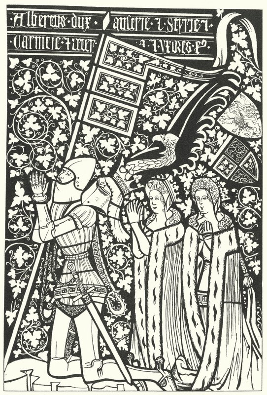 Albert III, książę Austrii, z dwiema żonami, Elżbietą Czeską i Beatrice z Norymbergi (rycina) autorstwa German School