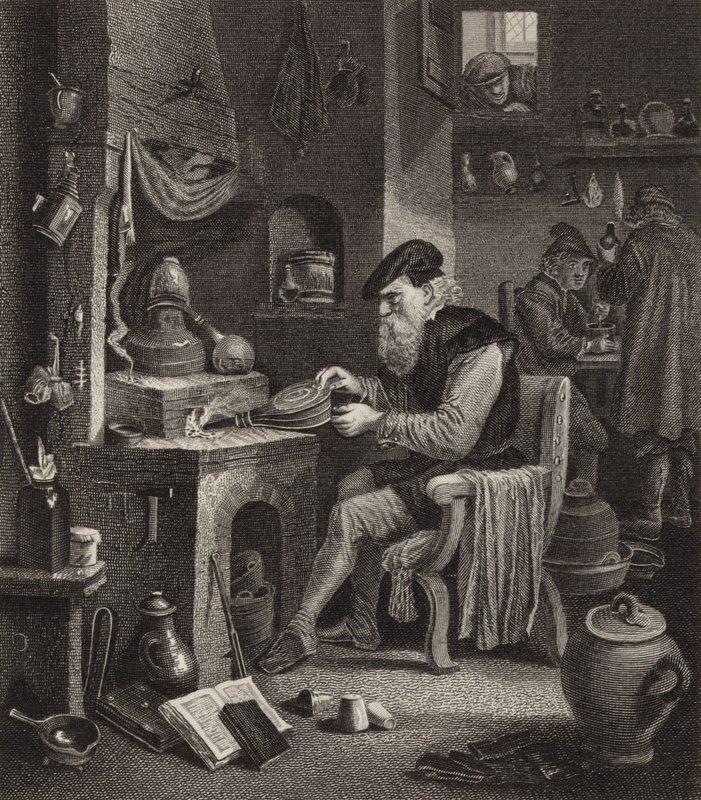 Alchemik w pracy. Ilustracja do Atlasu Bilder (grawerowanie) autorstwa German School