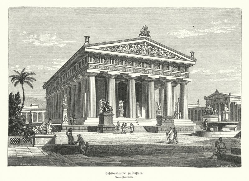 Starożytna grecka świątynia Hery, Paestum, Włochy, wcześniej błędnie uważana za poświęconą Posejdonowi (rycina) autorstwa German School