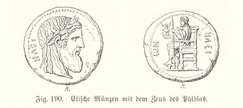 Starożytne greckie monety z Elis z wizerunkami Zeusa Fidiasza (rycina) autorstwa German School