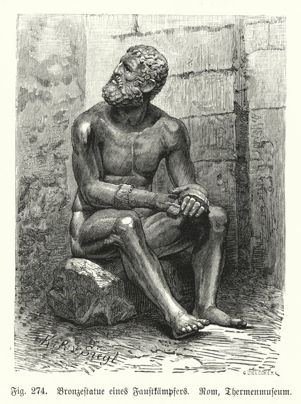 Starożytna grecka lub rzymska statua z brązu siedzącego boksera (rycina) autorstwa German School