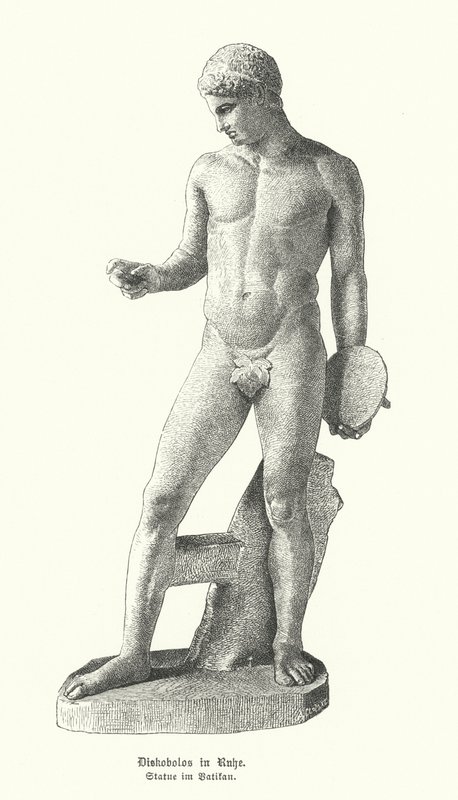 Starożytna grecka statua odpoczywającego miotacza dyskiem (rycina) autorstwa German School
