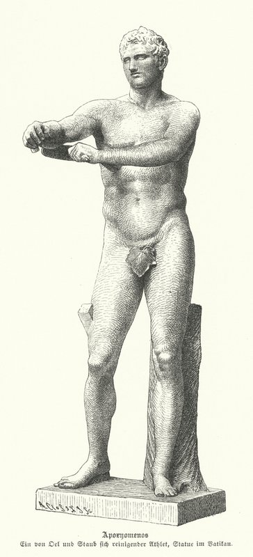 Apoxyomenos, posąg sportowca zeskrobującego pot i kurz z ciała za pomocą strigila (rycina) autorstwa German School