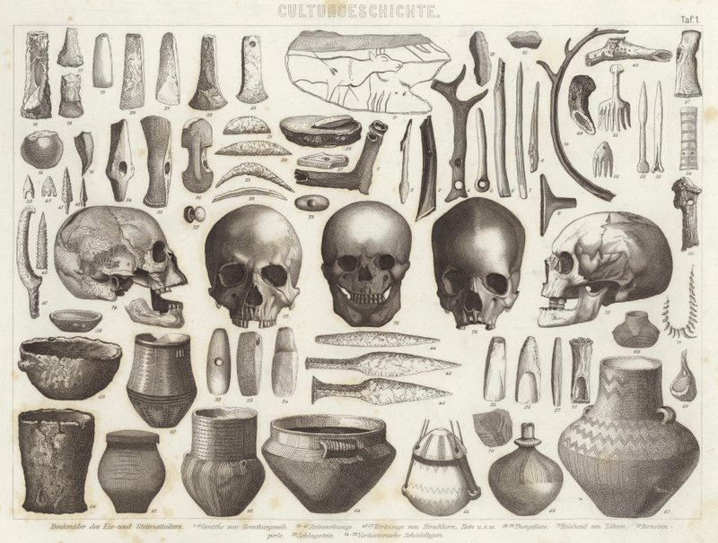 Artefakty z epoki lodowcowej i kamiennej. Ilustracja do Atlasu Bilder (grawerowanie) autorstwa German School