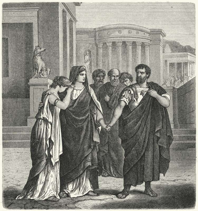 Atilius Regulus przygotowuje się do opuszczenia Rzymu i powrotu do niewoli w Kartaginie (rycina) autorstwa German School