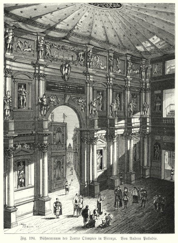 Audytorium i scena Teatro Olimpico, Piacenza, Włochy, proj. Andrea Palladio (grafika) autorstwa German School
