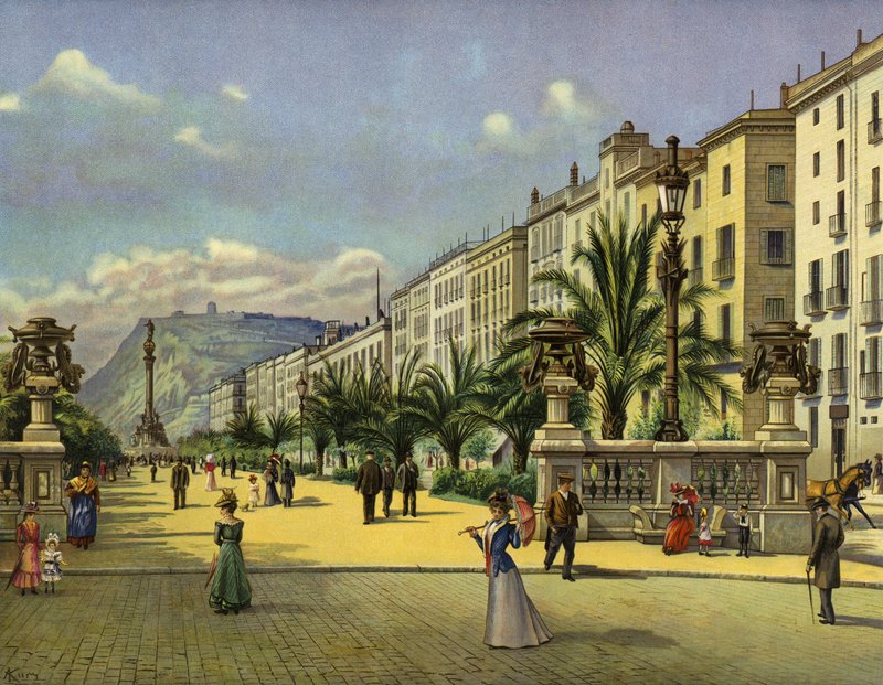 Barcelona, Paseo de Colon (chromolitho) autorstwa German School