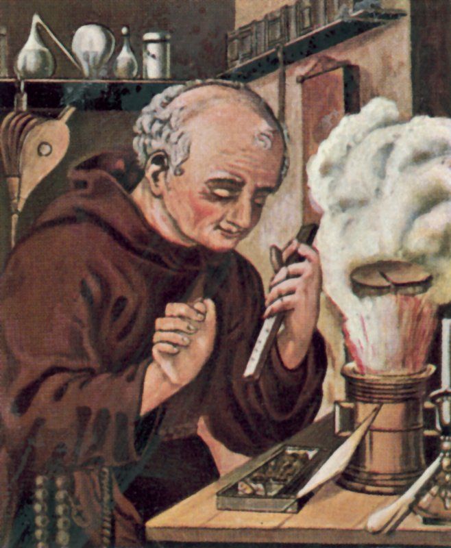 Berthold Schwarz, niemiecki alchemik (kolorowa litografia) autorstwa German School