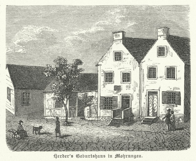 Miejsce urodzenia niemieckiego pisarza, filozofa i teologa luterańskiego Johanna Gottfrieda von Herdera, Mohrungen (grafika) autorstwa German School