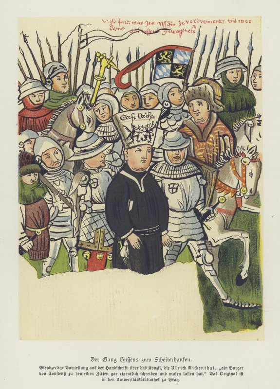 Czeski chrześcijański reformator Jan Hus zabrany na egzekucję, Konstancja, 6 lipca 1415 (kolor lito) autorstwa German School