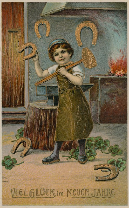 Chłopiec kowal robi złote podkowy na szczęście noworoczne. Pocztówka wysłana 31 grudnia 1913 r. autorstwa German School