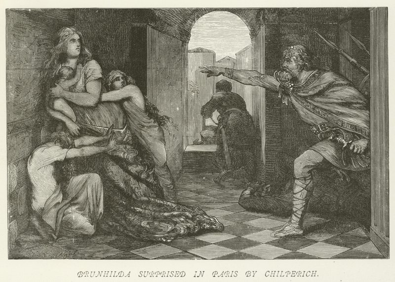 Brunhilda zaskoczona Chilperich w Paryżu autorstwa German School