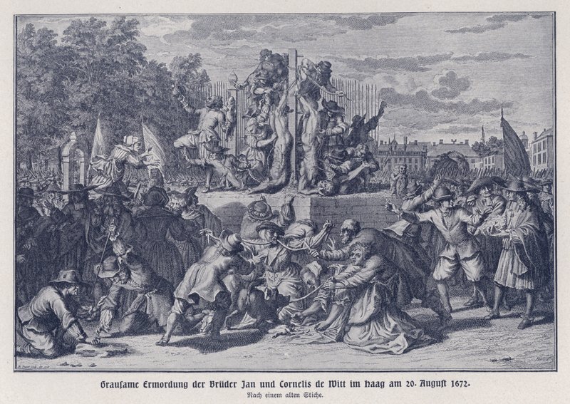Brutalne morderstwo braci Jana i Cornelisa de Witt przez oranżystowski tłum, Haga, Holandia, 20 sierpnia 1672 r. (litografia) autorstwa German School