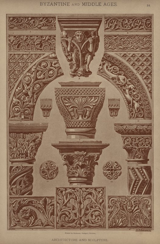 Bizancjum i średniowiecze, architektura i rzeźba (litografia kolorowa) autorstwa German School