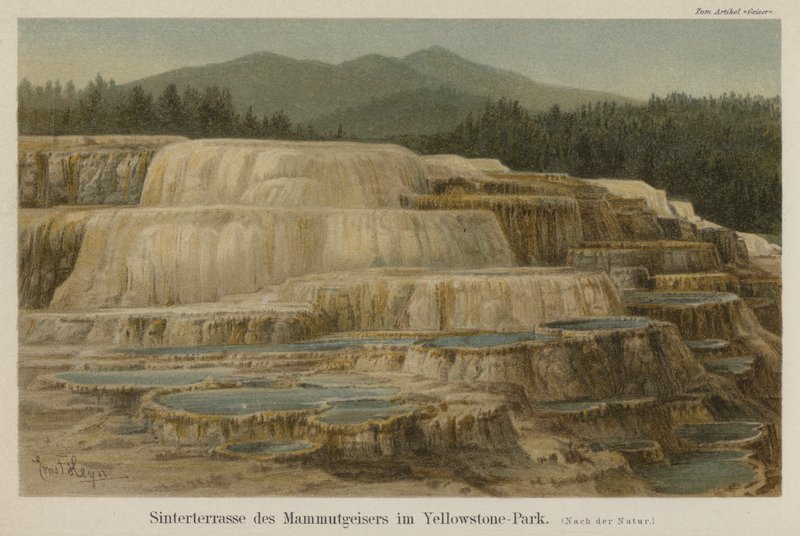 Tarasy ze spieków wapiennych w Mammoth Hot Springs w Parku Narodowym Yellowstone, Wyoming (kolor lito) autorstwa German School