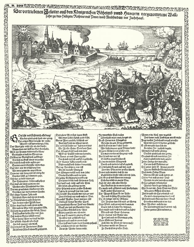 Karykatura przedstawiająca jezuitów wypędzonych z Czech i Węgier w 1620 r. na początku wojny trzydziestoletniej (rycina) autorstwa German School