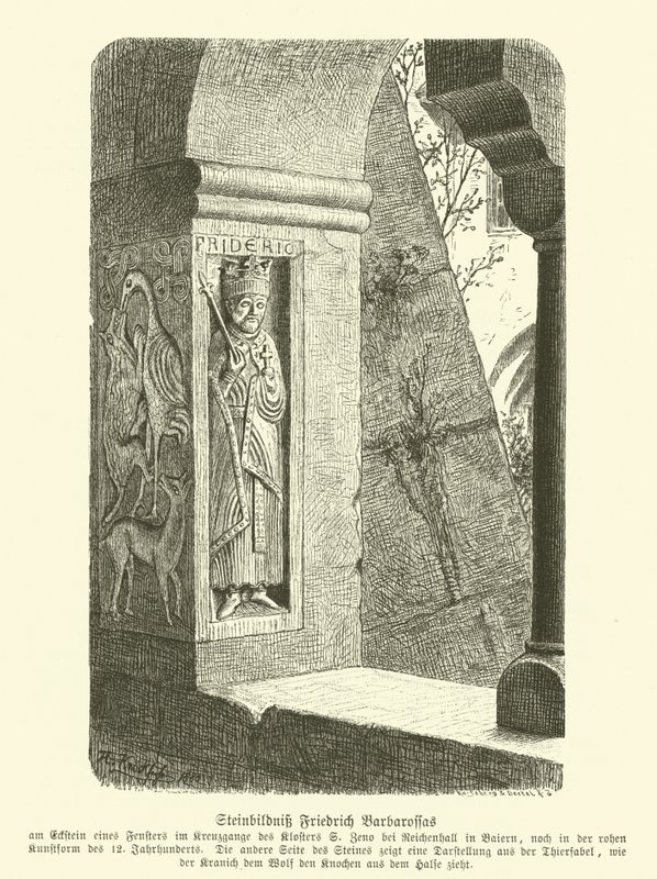 Rzeźbiony w kamieniu wizerunek Fryderyka Barbarossy, Świętego Cesarza Rzymskiego (rycina) autorstwa German School