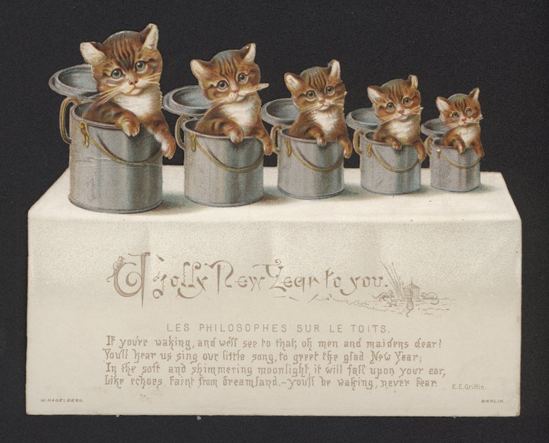 Koty w wiadrach, kartka noworoczna (chromolitho) autorstwa German School