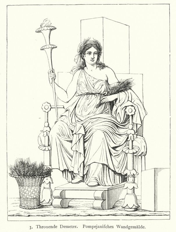 Ceres, rzymska bogini urodzaju, na tronie, malowidło ścienne z Pompei (rycina) autorstwa German School