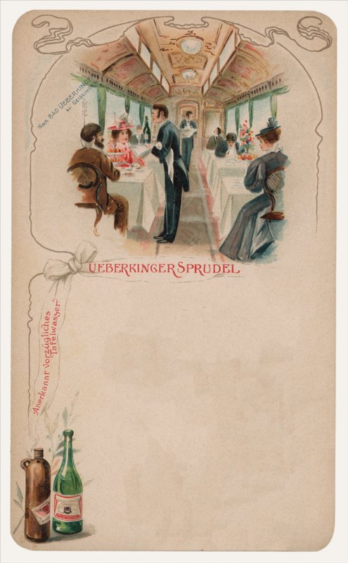 Wagon restauracyjny w pociągu, reklama wody stołowej Ueberkinger Sprudel (chromolitho) autorstwa German School
