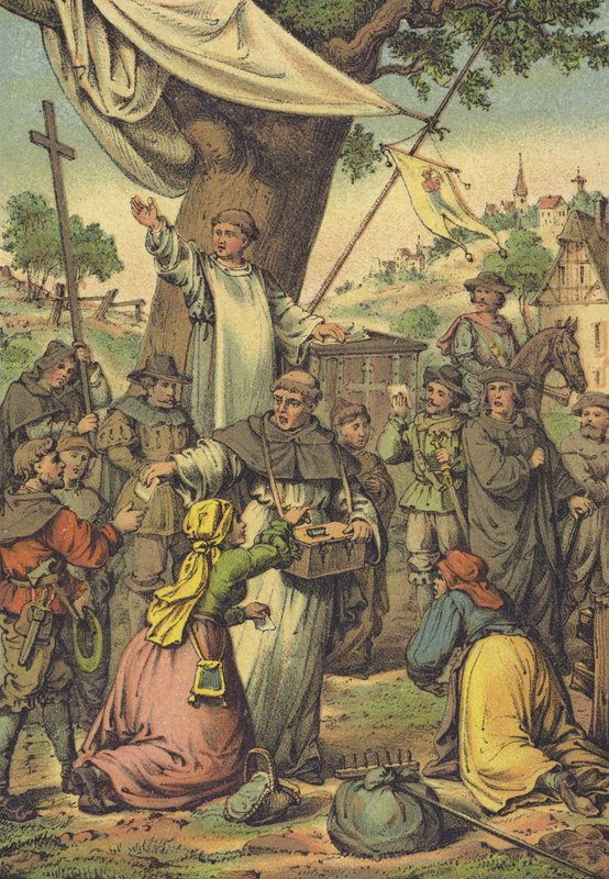 Dominikanin fr. Johann Tetzel rozdaje odpusty za pieniądze autorstwa German School