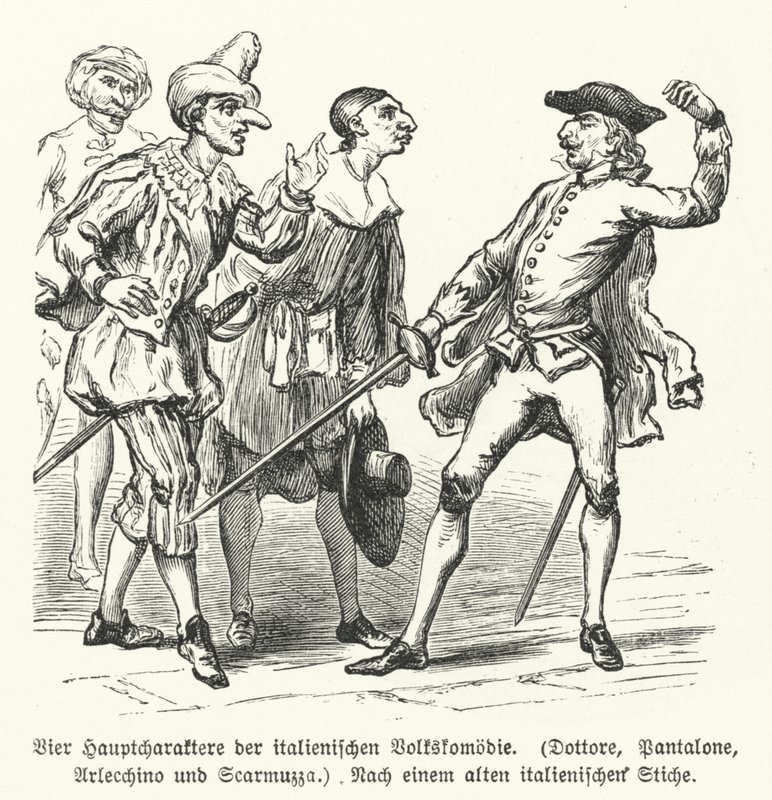 Doctor, Pantalone, Arlecchino i Scaramuccia, cztery postacie z Commedia dell