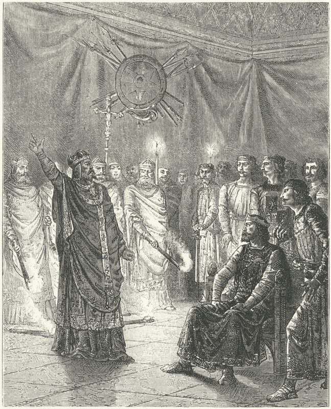 Edmund Rich, arcybiskup Canterbury, grożąc królowi Henrykowi III ekskomuniką autorstwa German School