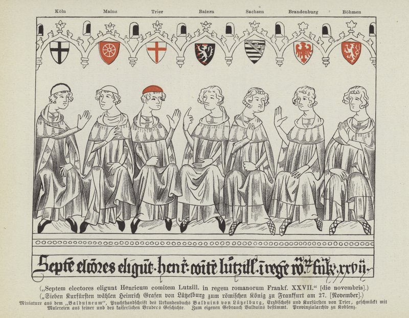 Wybór Henryka VII Luksemburskiego na cesarza Świętego Cesarstwa Rzymskiego, Frankfurt, 27 listopada 1308 (kolor lito) autorstwa German School